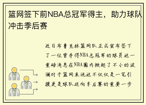 篮网签下前NBA总冠军得主，助力球队冲击季后赛