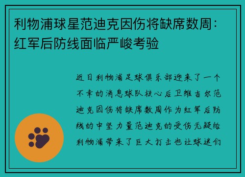 利物浦球星范迪克因伤将缺席数周：红军后防线面临严峻考验