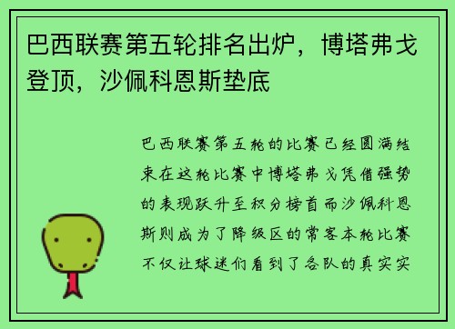 巴西联赛第五轮排名出炉，博塔弗戈登顶，沙佩科恩斯垫底